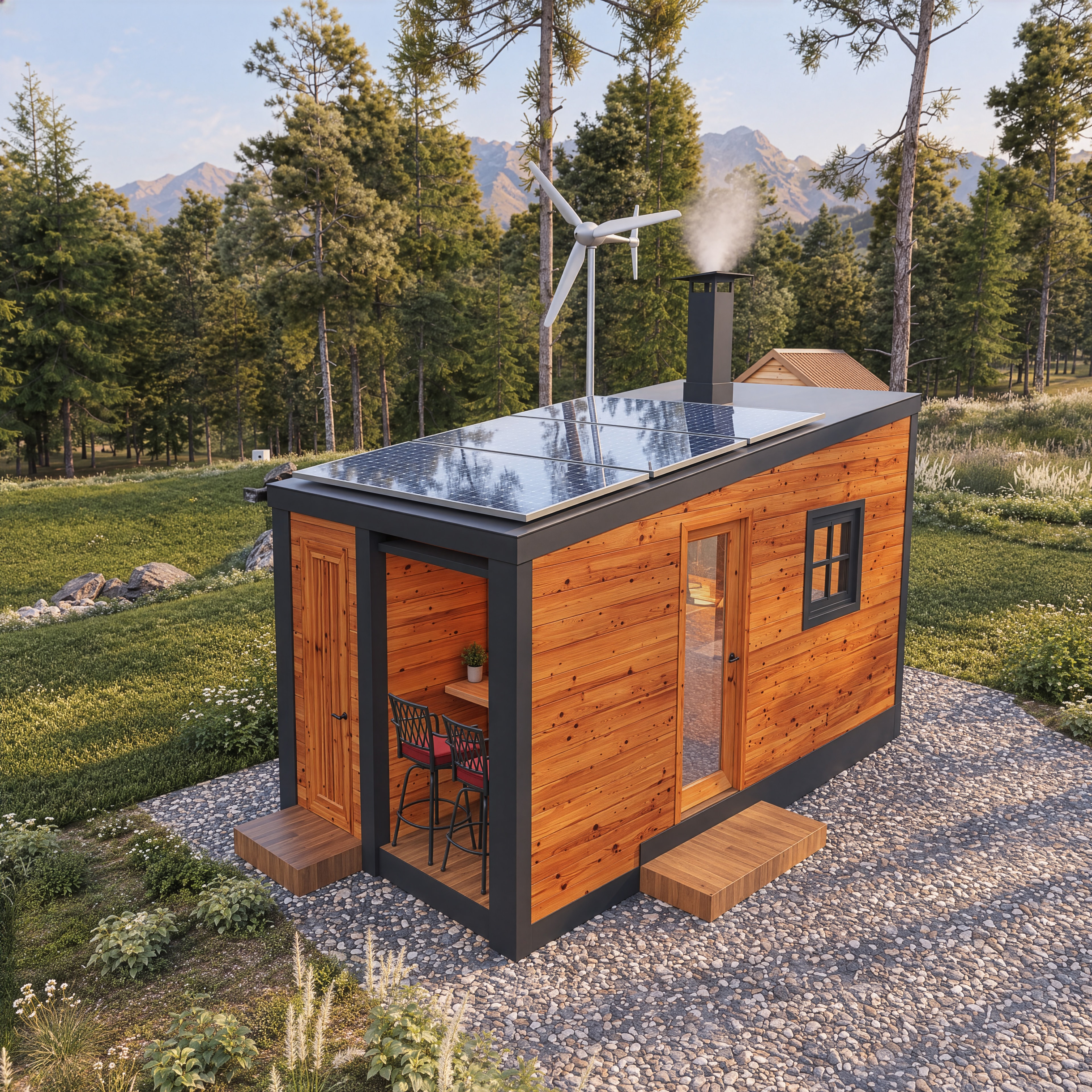 Custom BBQ Grill House aerial view with solar panels