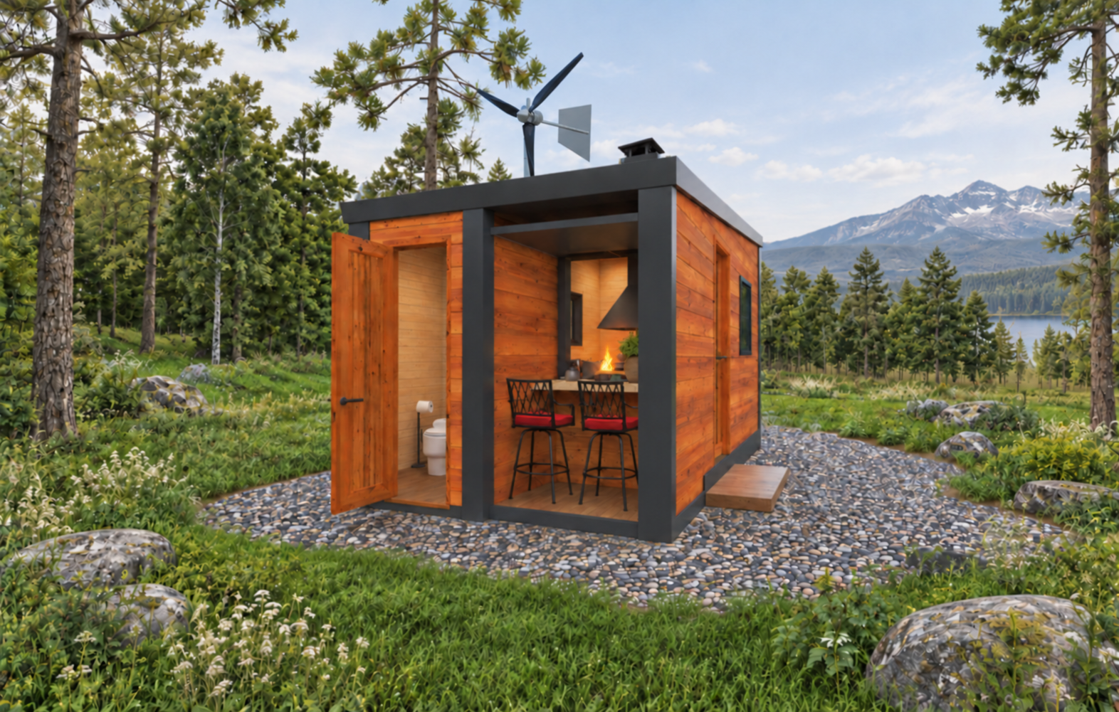 Off-grid cabin with wind turbine and solar panels